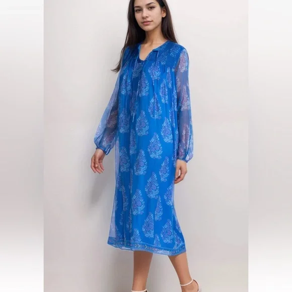 New Johnny Was Jade Blue Blaire Floral 100% Silk Midi Dress - Picture 16 of 16